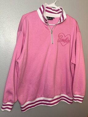 Barbie Pink and White Striped Mock-Neck Zip Sweater